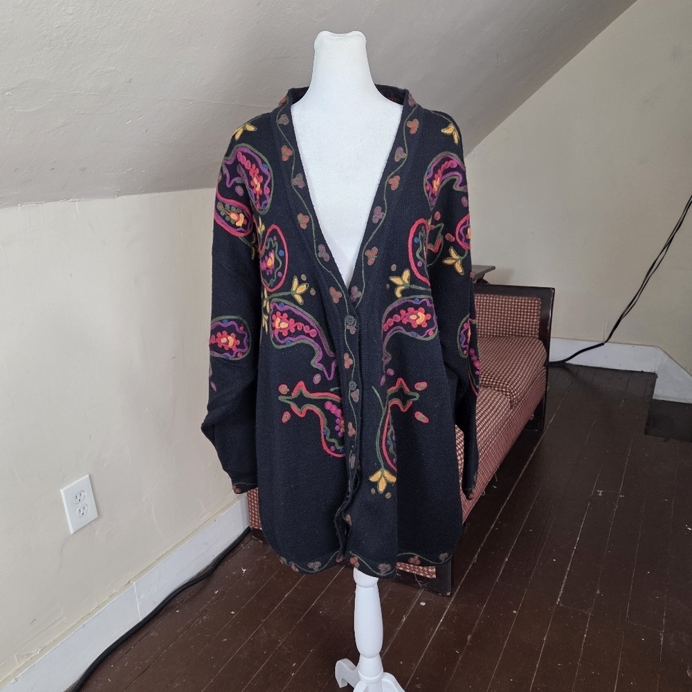 Jacque & Koko Embroidered Boho Cardigan Sweater 18/20 Black‎ Wool Blend
